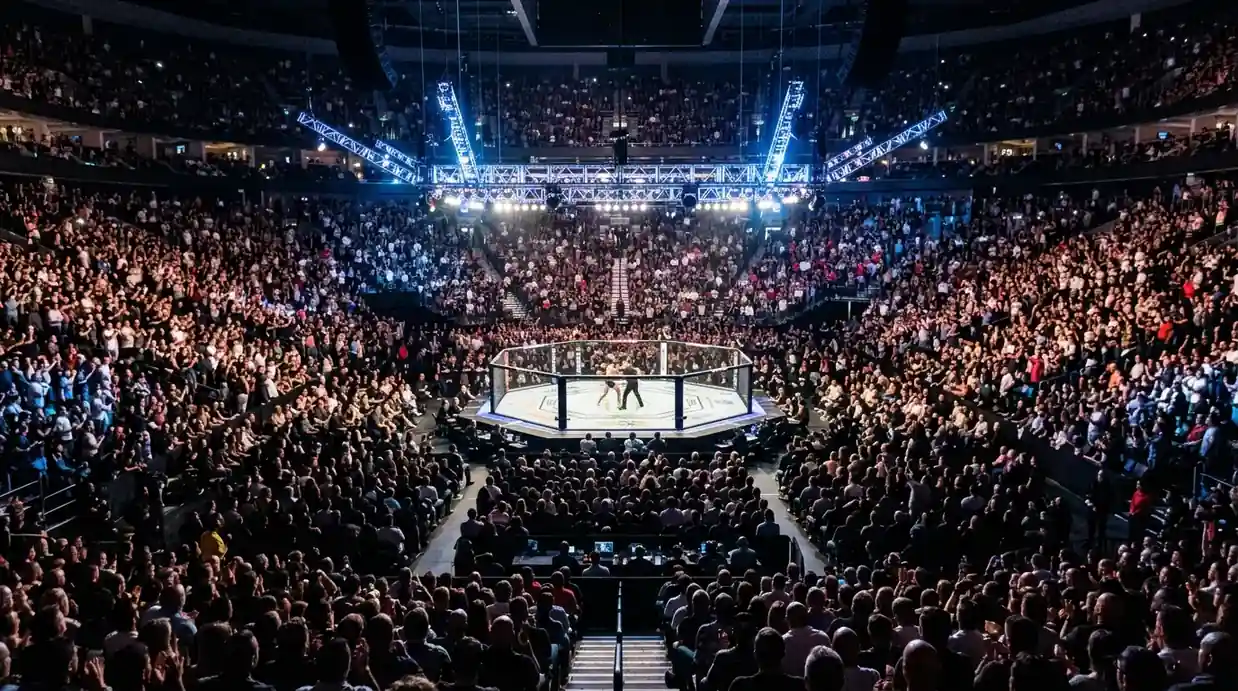 UFC octagon arena packed with fans during a live fight event