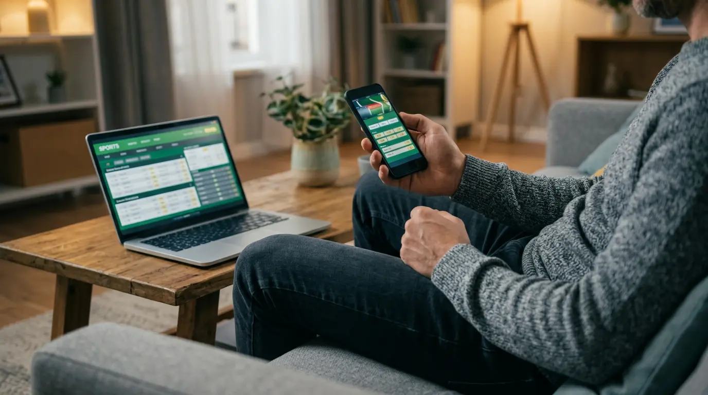 Person comparing UFC betting odds on a smartphone with a laptop open to fight statistics