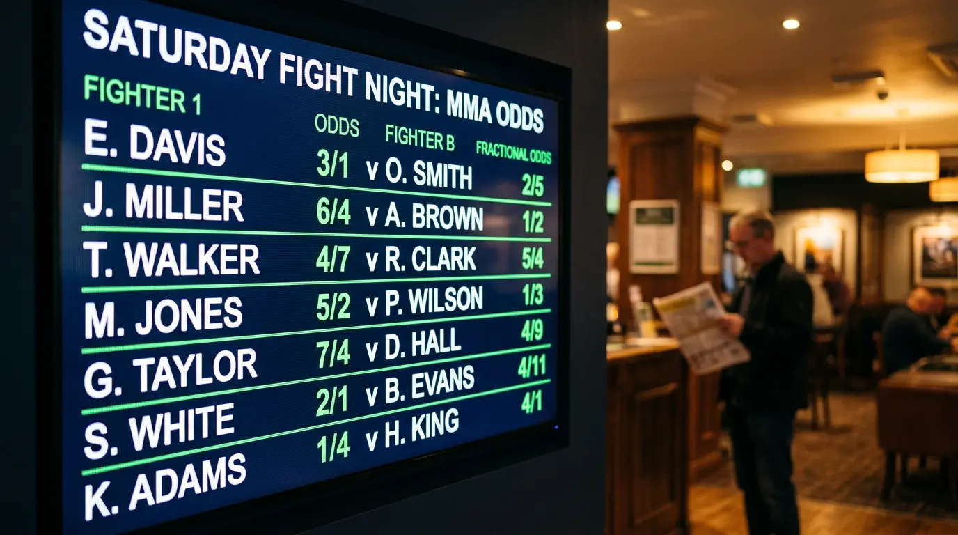 Sportsbook display board showing UFC fight odds in fractional and decimal formats