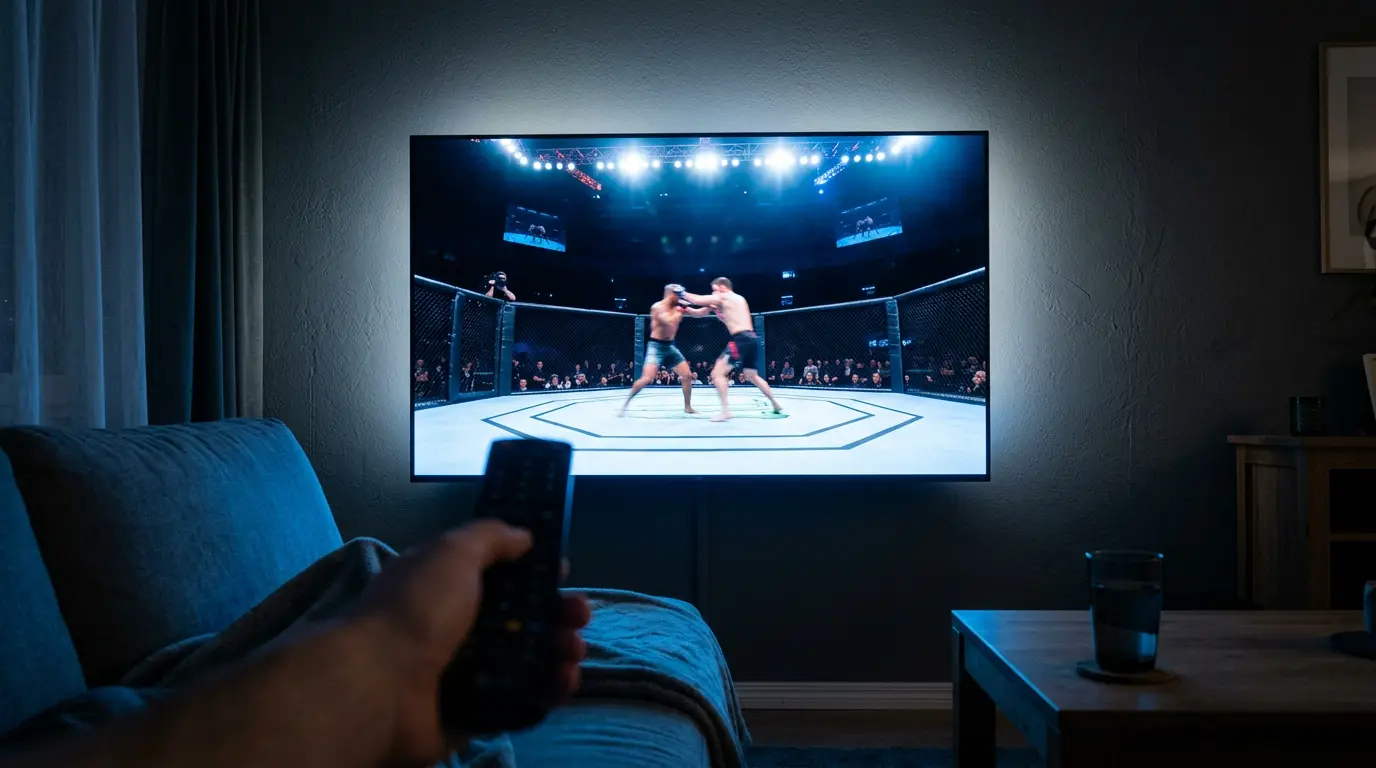 UFC event being streamed live on a television screen in a living room setting